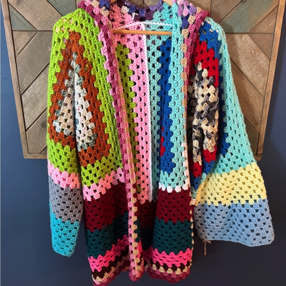 Sweaters - Handmade Multicolor Crochet Cardigan - Vintage Granny Square Style